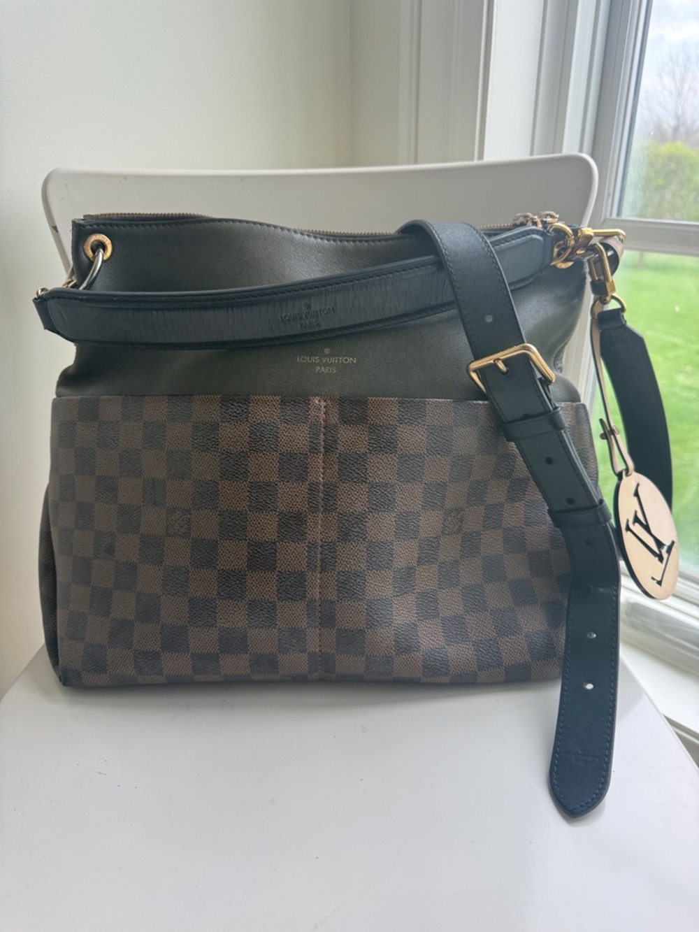 Louis Vuitton Brown Damier Ebene and Black Shoulder Bag with Gold Hardware